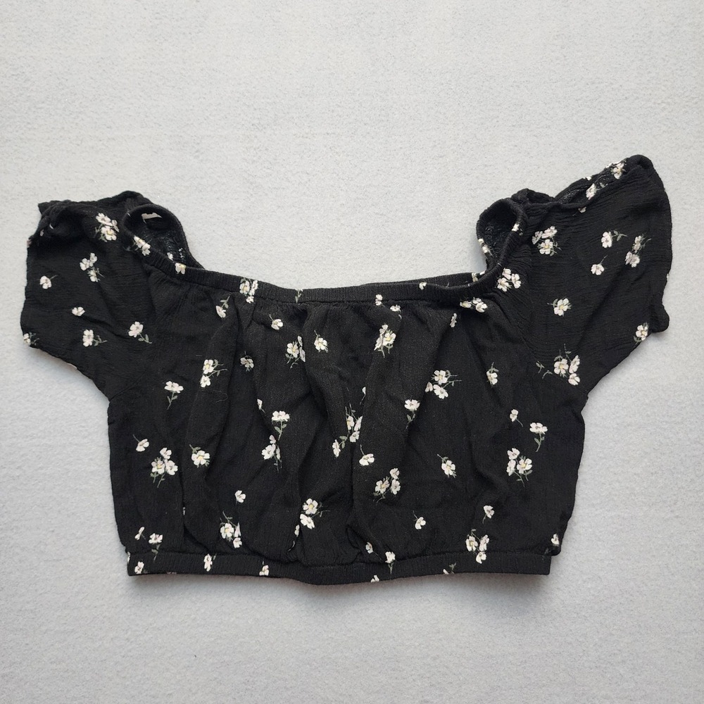 H.I.P. Womens Small Black Floral Crop Top Puff Sleeve Peasant Cottagecore